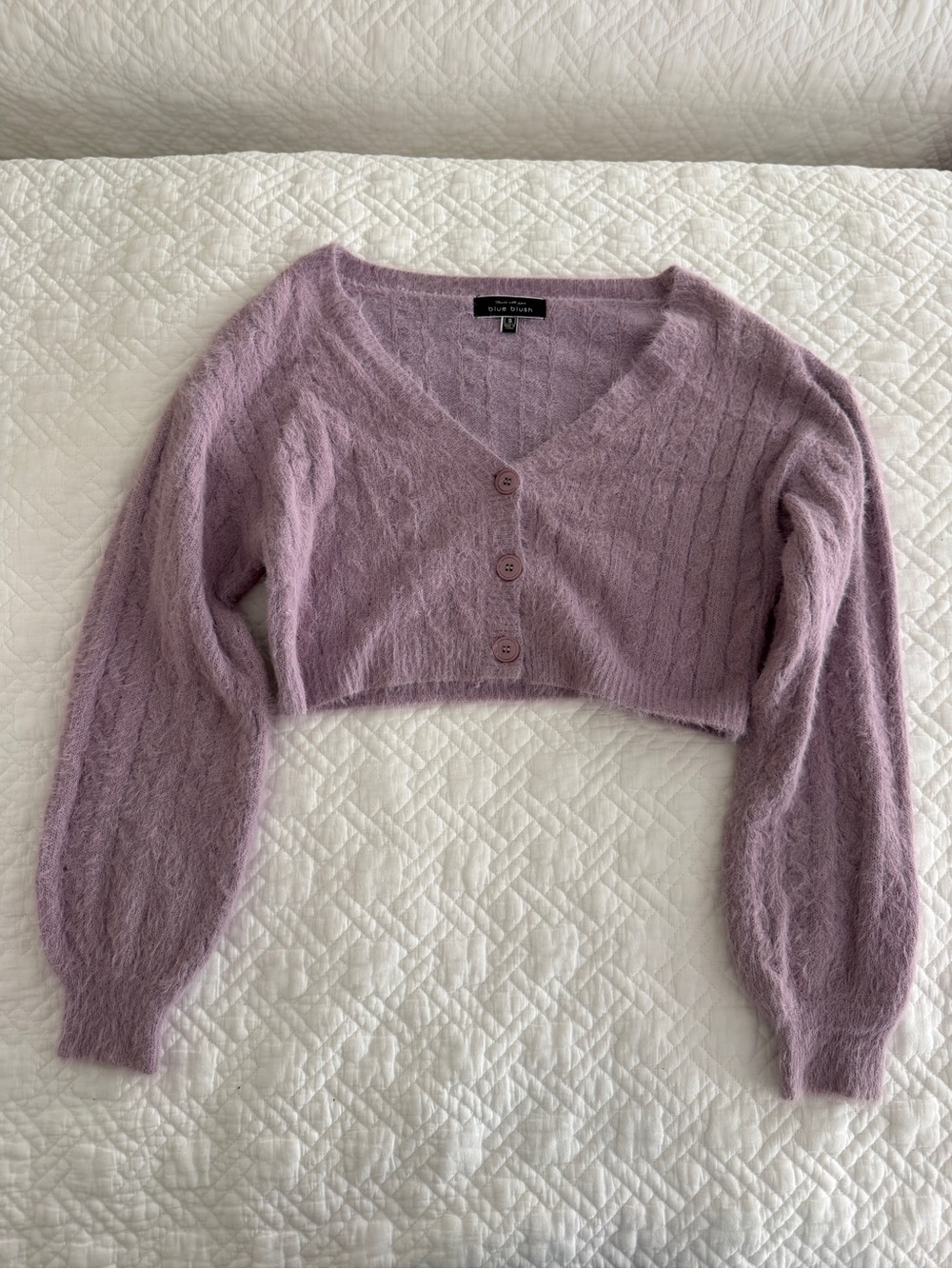 Blue Blush Lilac Cropped Fuzzy Cardigan Sweater